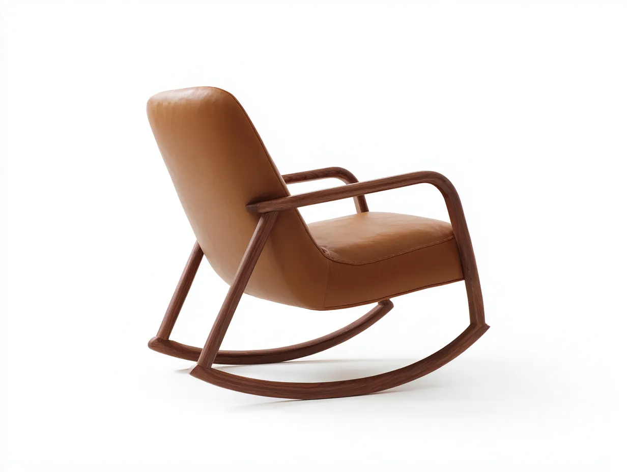 Mecedora de cuero sintético camel 72x94x92 cm - base de nogal curvada - diseño retro para salón