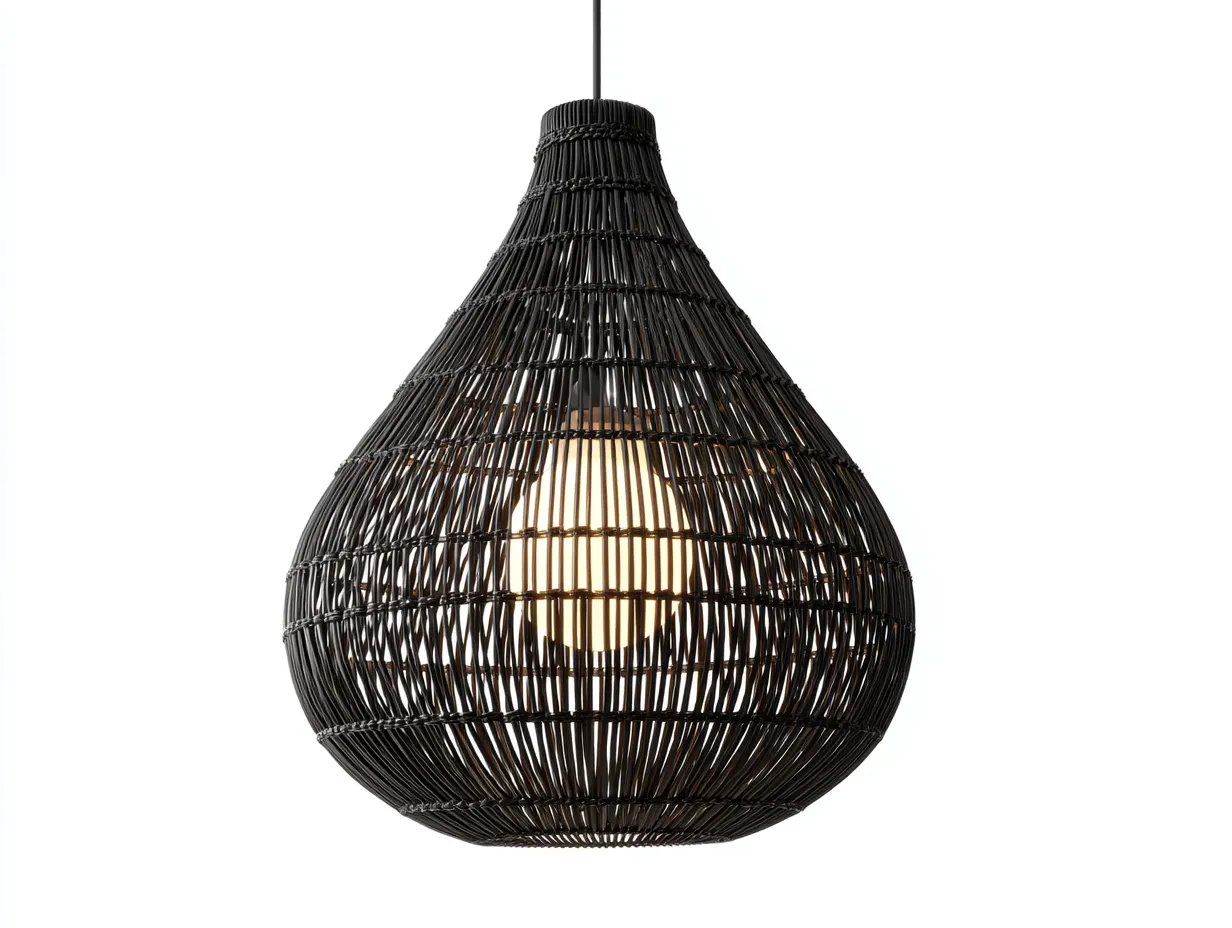 Lámpara Colgante 38x38x48 cm - fibra negra trenzada - silueta abombada para terraza exterior