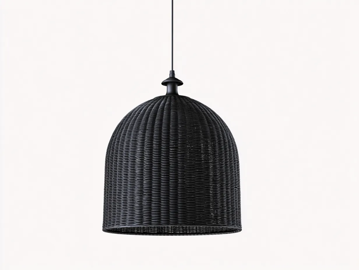 Lámpara Colgante 40x40x52 cm - ratán sintético negro - forma campana para terraza cubierta