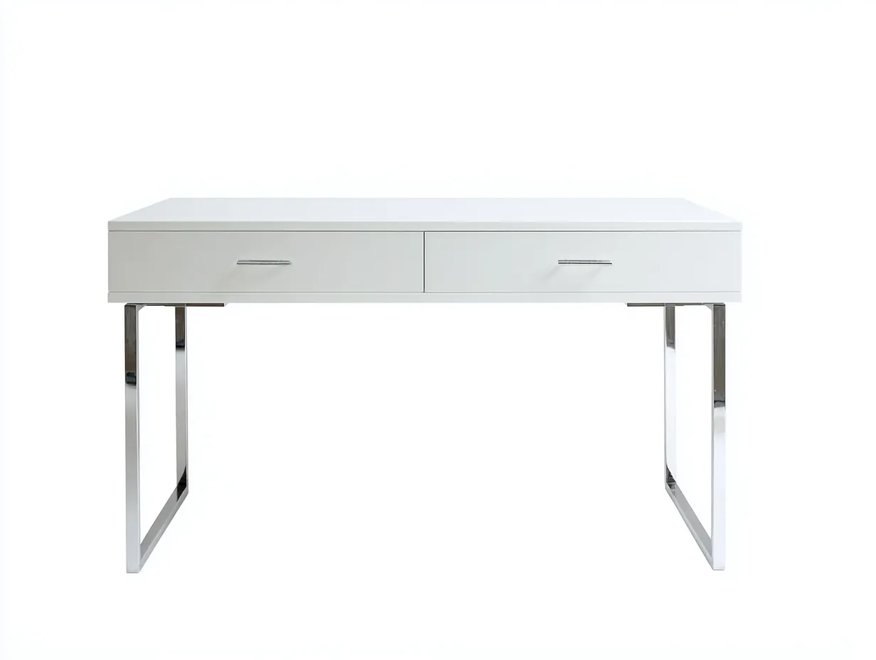 Escritorio blanco brillo 135x60x76 cm - dos cajones y patas metálicas cromadas - diseño moderno para estudio