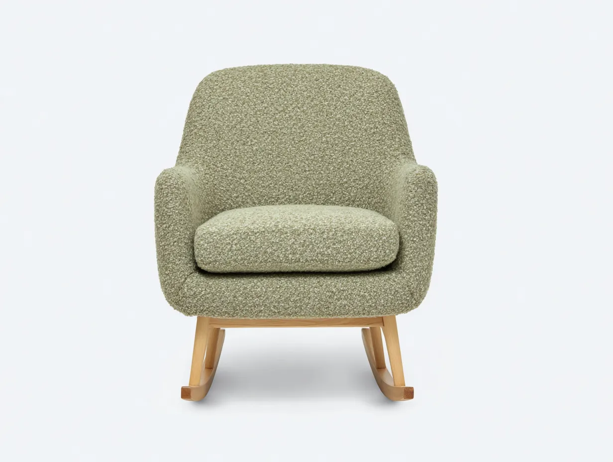 Mecedora de tejido rizado verde claro 80x90x90 cm - patines de madera natural - estilo nórdico para salón