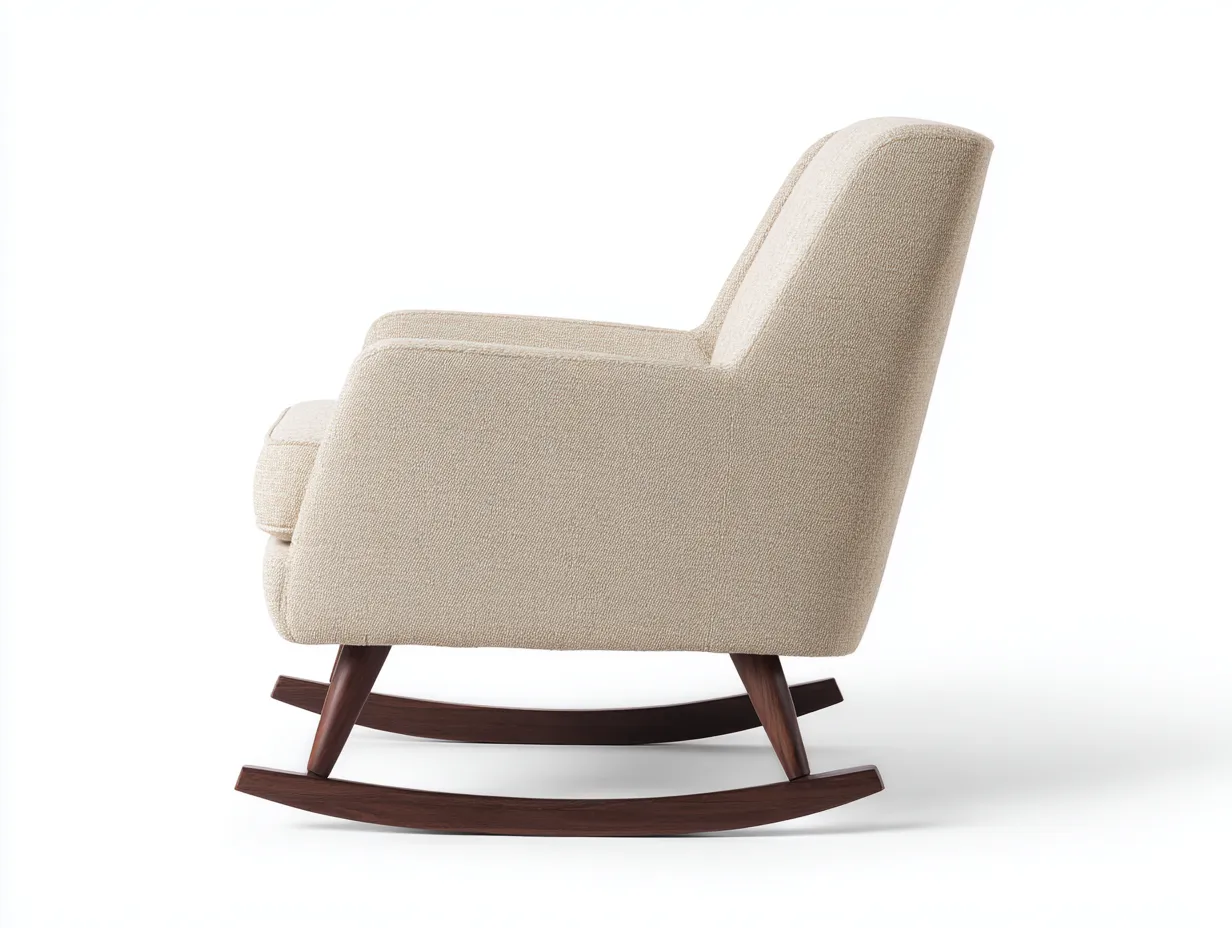 Mecedora de tela beige 80x95x98 cm - patines curvos oscuros - diseño inclinado para salón