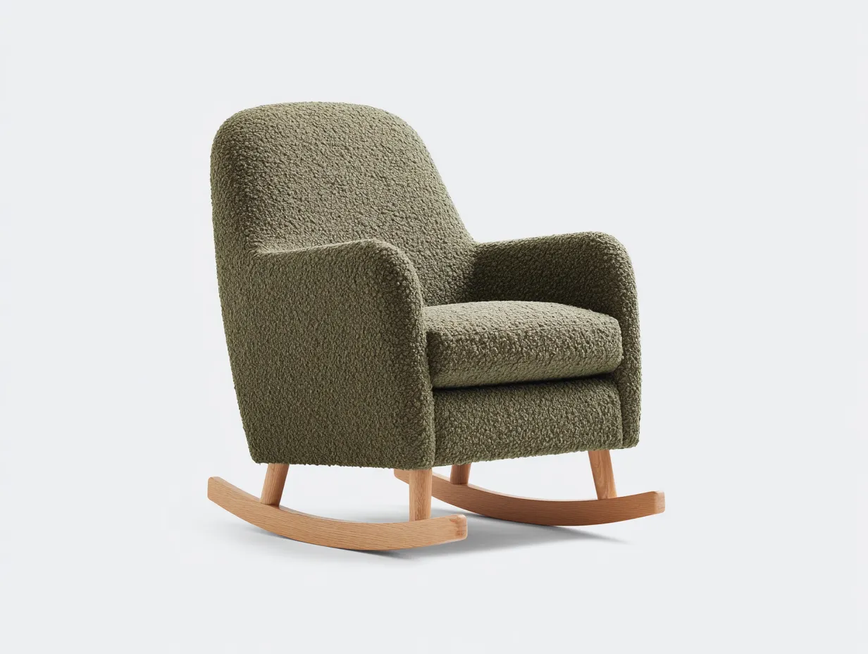 Mecedora de tela verde oliva 84x94x95 cm - patines de madera clara - diseño lateral inclinado para salón