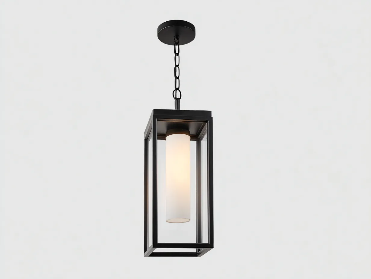 Lámpara Colgante 18x18x62 cm - metal negro y difusor cilíndrico blanco - estilo lineal para exterior