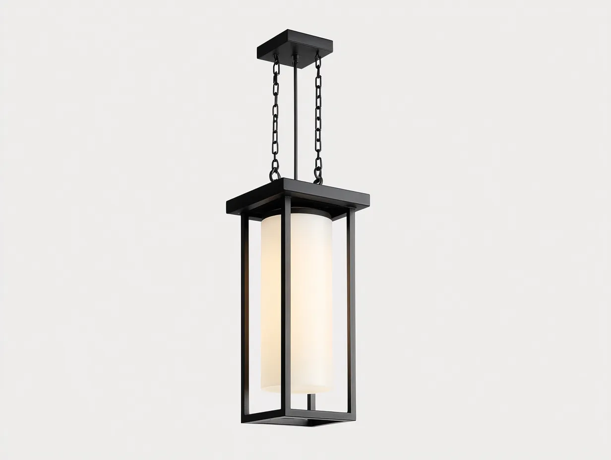 Lámpara Colgante 22x22x68 cm - metal negro y pantalla cilíndrica blanca - diseño arquitectónico exterior