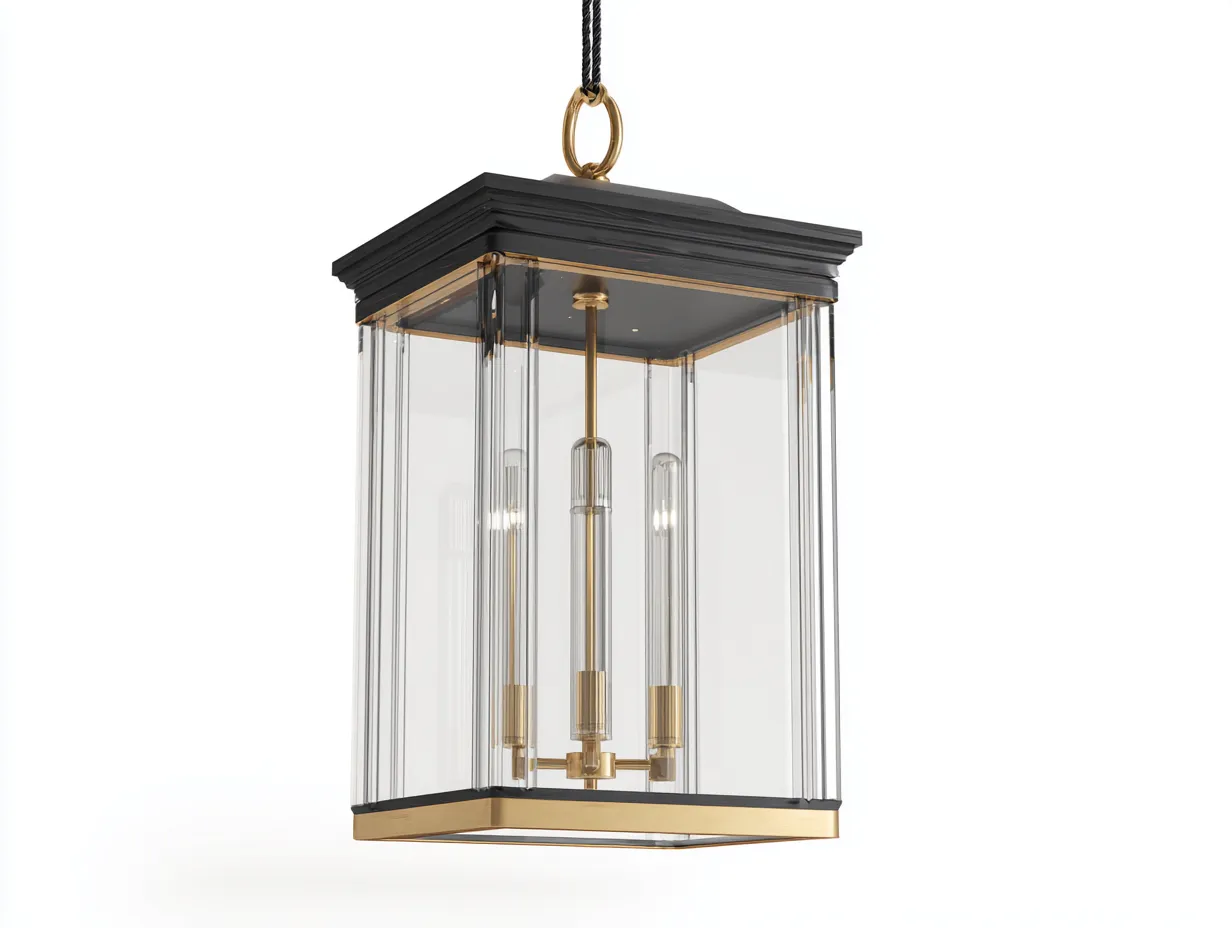 Lámpara Colgante exterior 42x42x58 cm - negro y dorado - farol rectangular con vidrio transparente