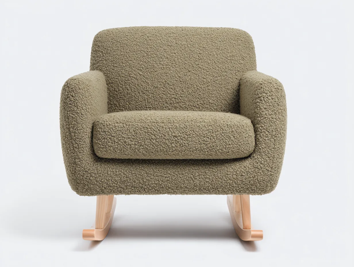 Mecedora bouclé verde oliva 82x91x92 cm - base de madera clara - diseño acogedor para salón