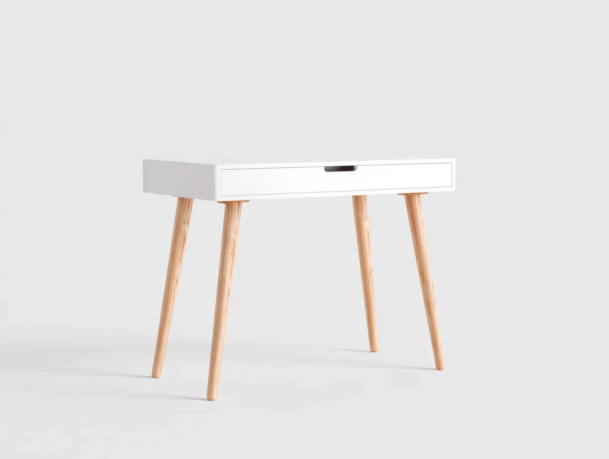 Escritorio blanco y madera clara 125x55x75 cm - cajón frontal - patas inclinadas para estudio