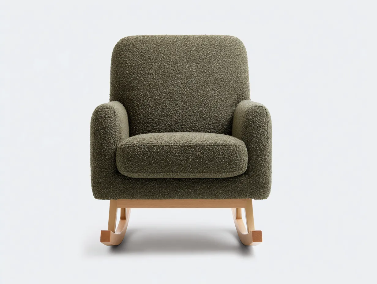 Mecedora verde oliva bouclé 78x91x92 cm - base de madera clara - diseño acogedor para salón