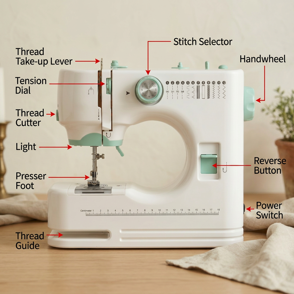 Multifunctional household sewing machine with double thread, double needle, and 12 stitch options.