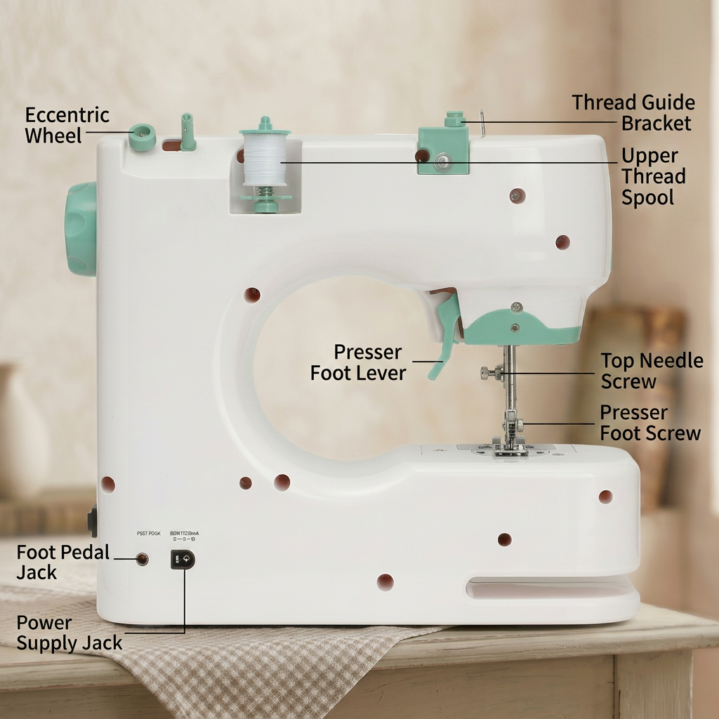 Multifunctional household sewing machine with double thread, double needle, and 12 stitch options.
