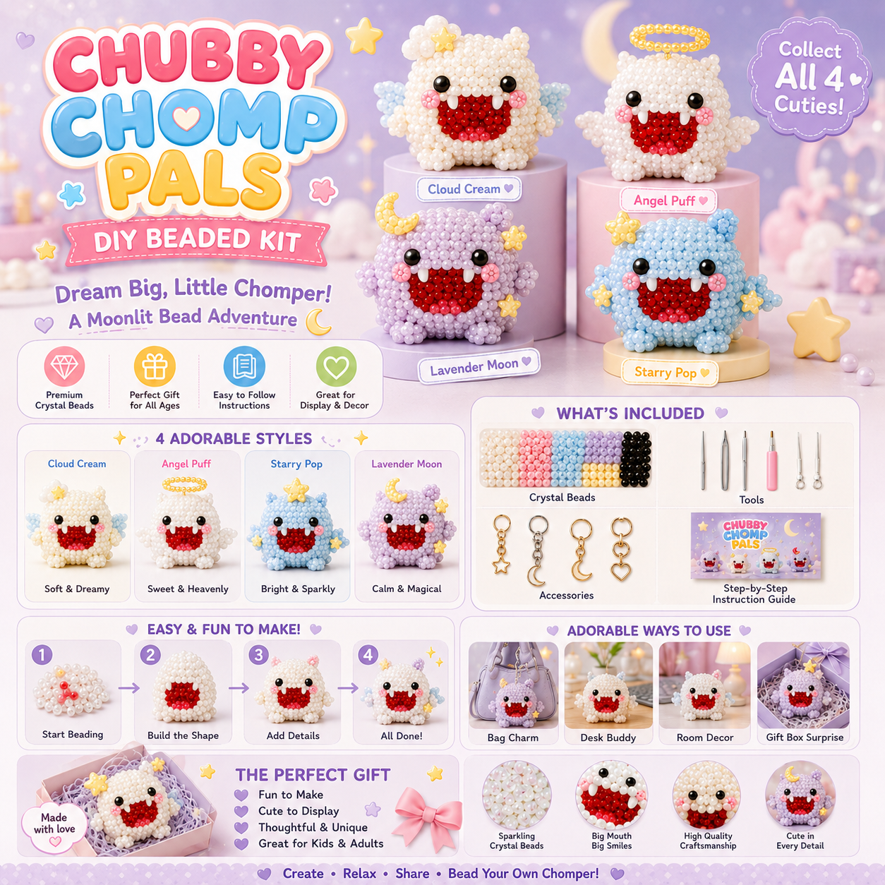 Chubby Chomp Pals DIY Beaded Kit – Cute Little Monster Craft Set