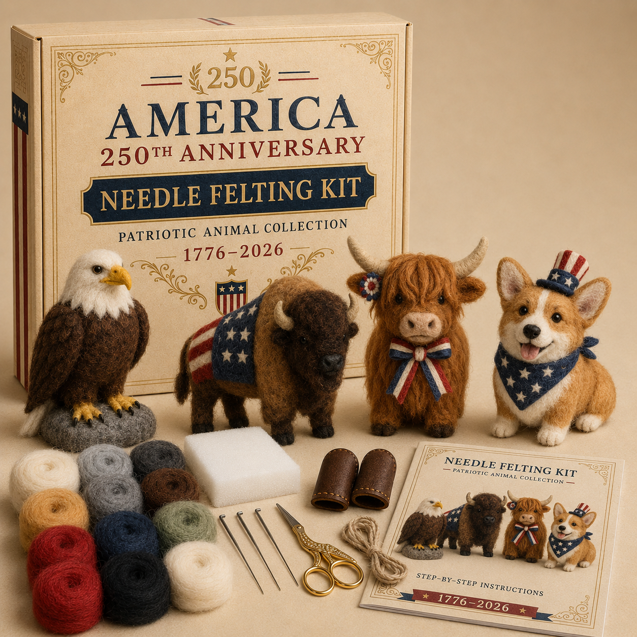 America 250 Needle Felting Kit Set – 4-Piece Patriotic Animal DIY Craft Collection