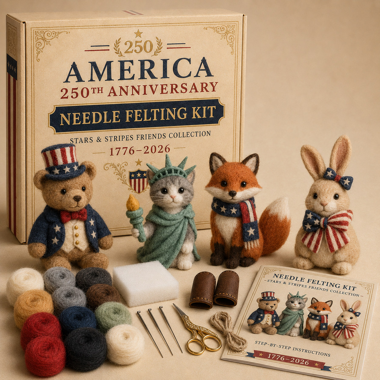 America 250 Needle Felting Kit Set – 4-Piece Patriotic Animal DIY Craft Collection