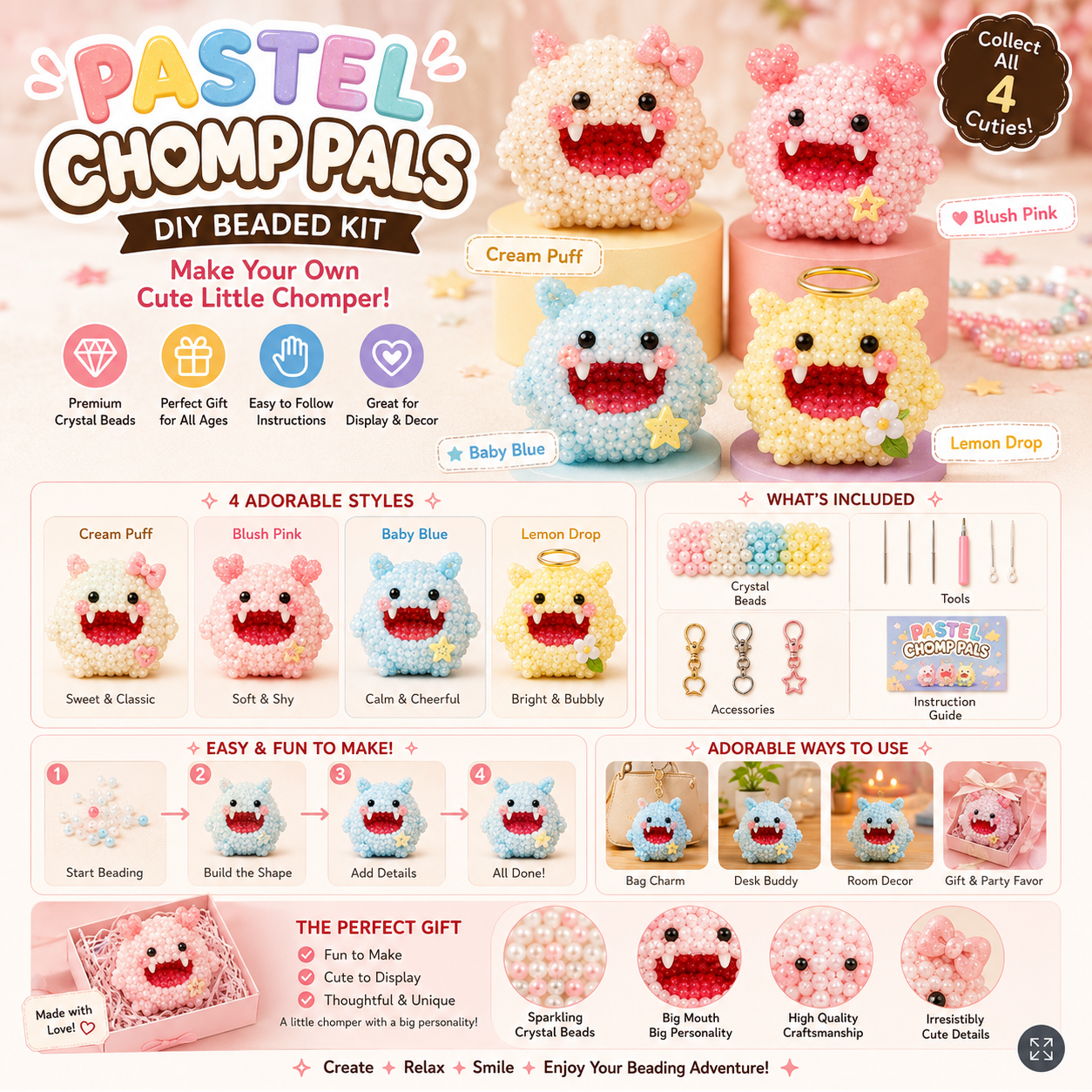 Chubby Chomp Pals DIY Beaded Kit – Cute Little Monster Craft Set