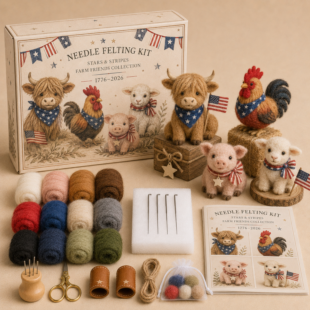 America 250 Needle Felting Kit Set – 4-Piece Patriotic Animal DIY Craft Collection