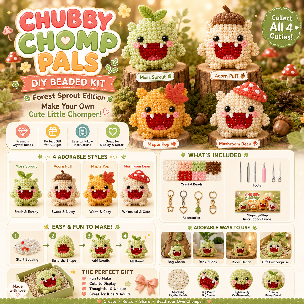 Chubby Chomp Pals DIY Beaded Kit – Cute Little Monster Craft Set