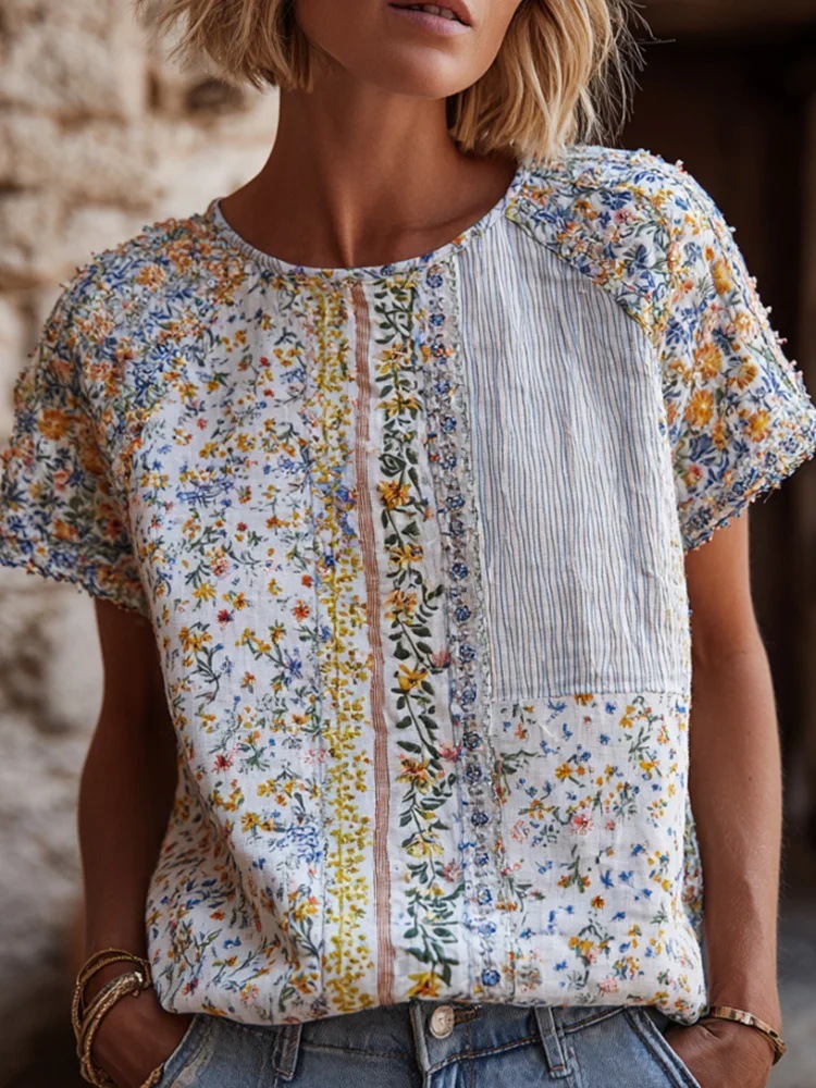 Women's Retro Floral Pattern Casual T-shirt