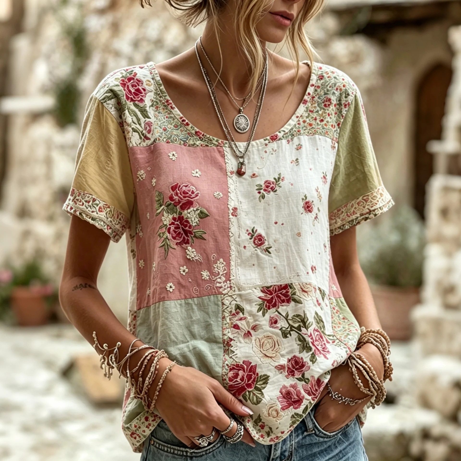 Women's Retro Floral Pattern Casual T-shirt