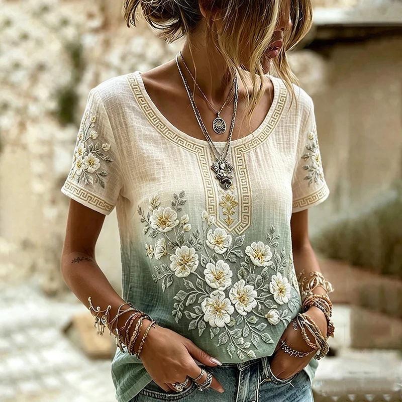 Women's Retro Floral Pattern Casual T-shirt
