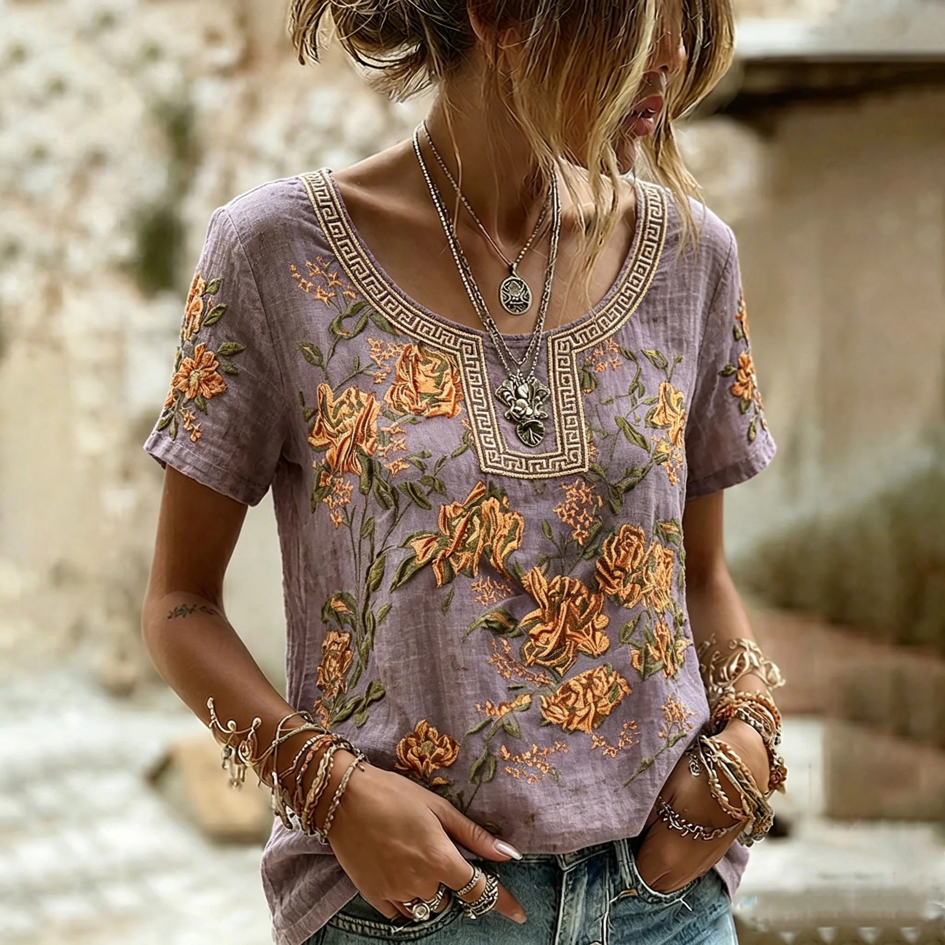 Women's Retro Floral Pattern Casual T-shirt