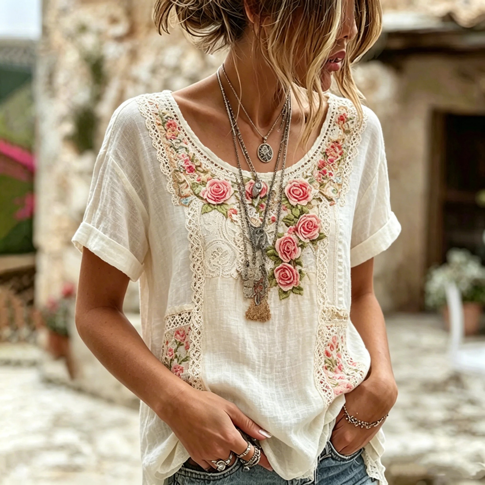 Women's Retro Floral Pattern Casual T-shirt