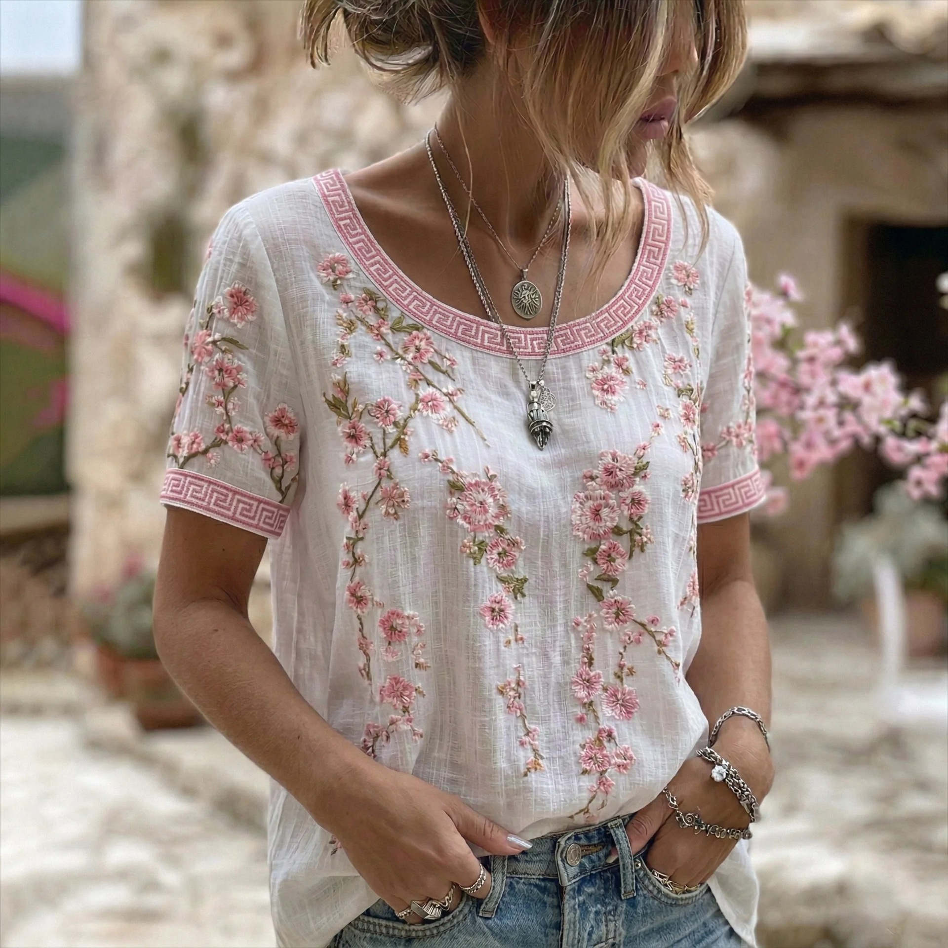 Women's Retro Floral Pattern Casual T-shirt