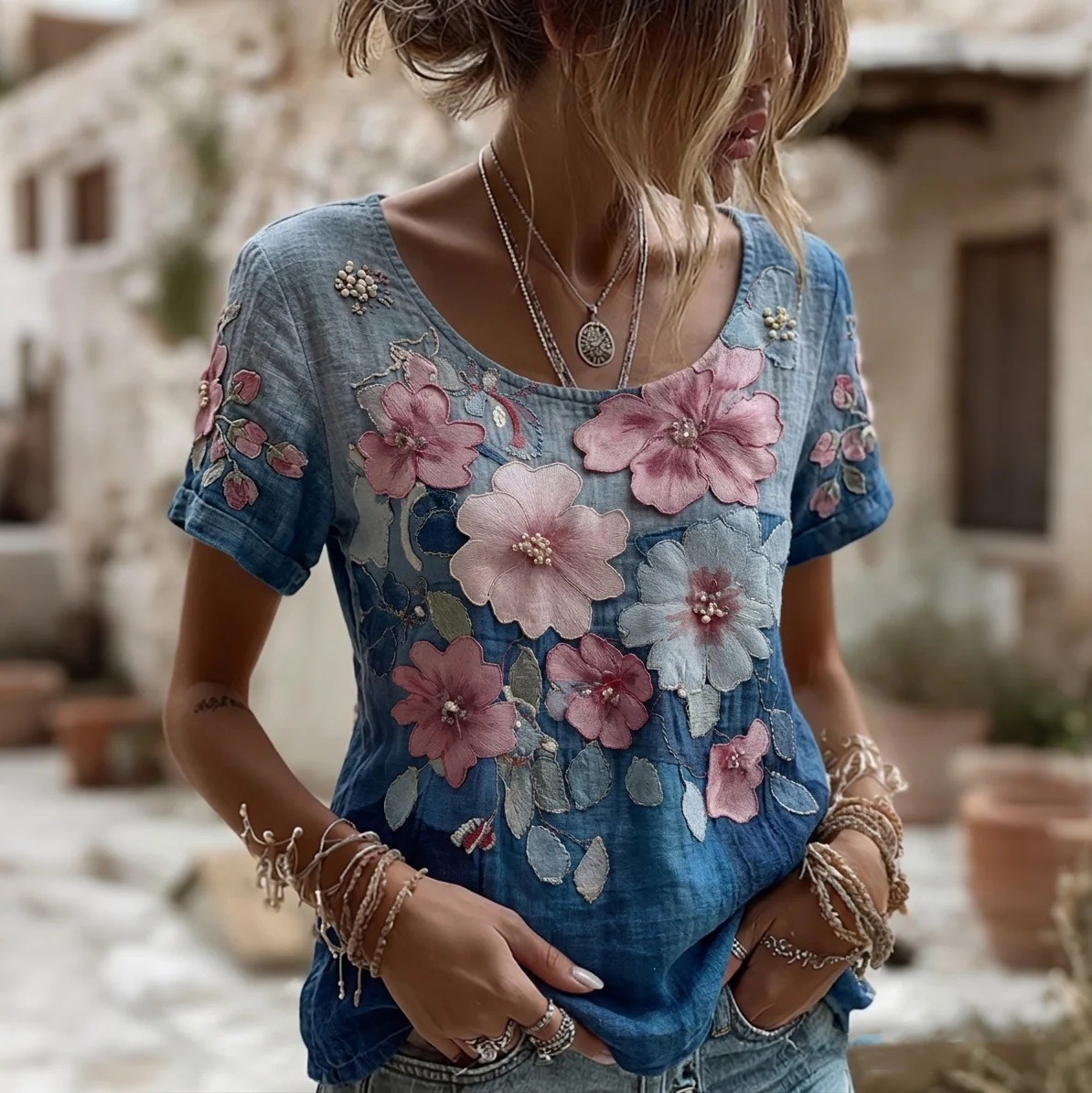Women's Retro Floral Pattern Casual T-shirt