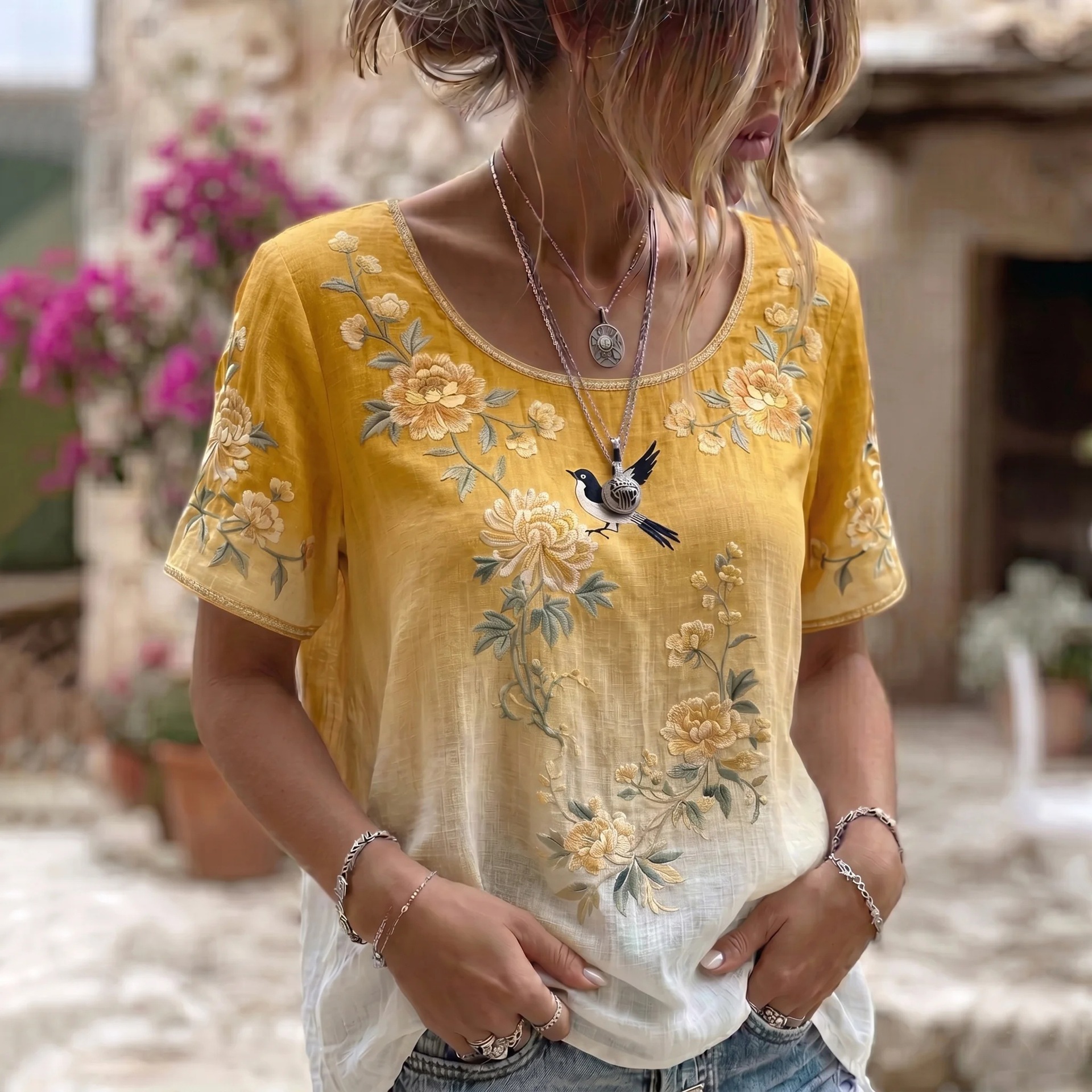 Women's Retro Floral Pattern Casual T-shirt