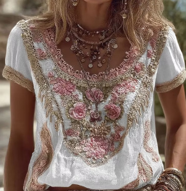 Women's Retro Floral Pattern Casual T-shirt
