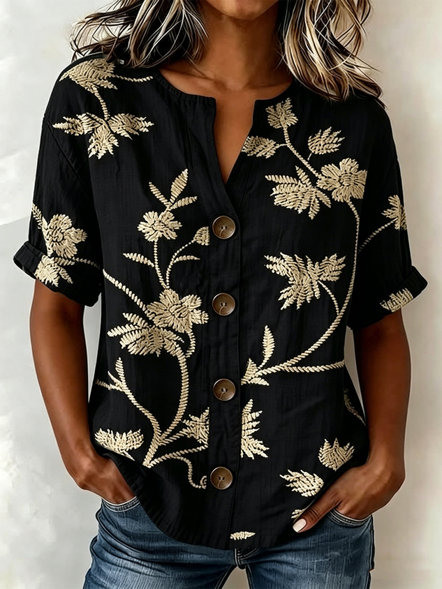 Women's Floral Print Linen Blend V-Neck Button Front Rolled Sleeve Blouse