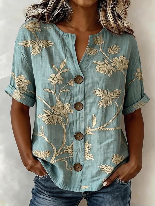 Women's Floral Print Linen Blend V-Neck Button Front Rolled Sleeve Blouse
