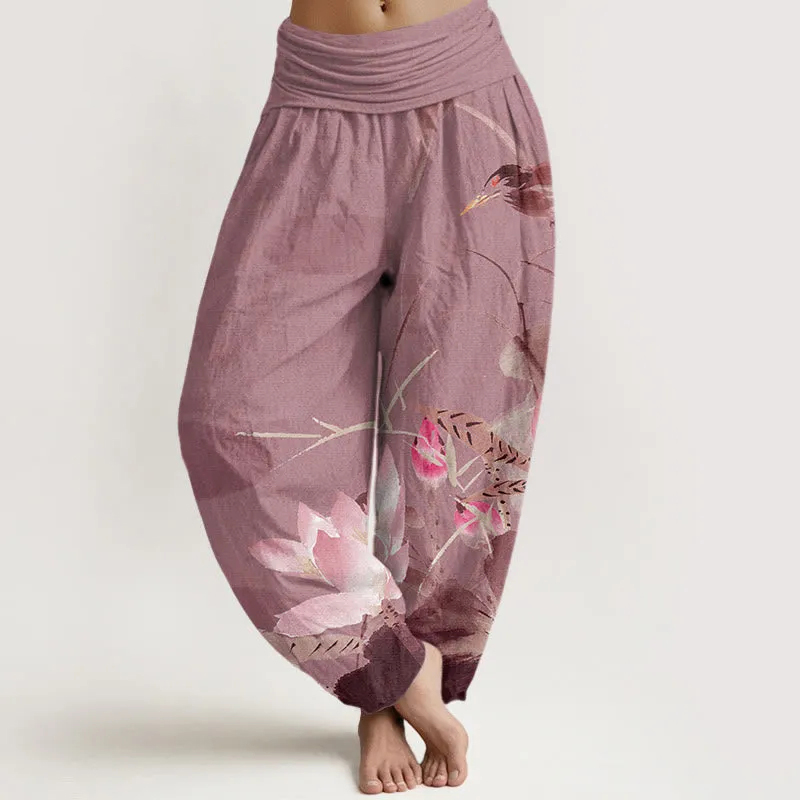AuraLinen Cotton Pink Lotus Leaves Bird Pattern Women's Elastic Waist Harem Pants