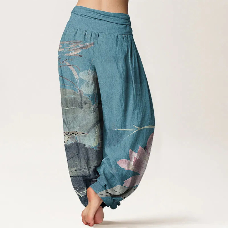 AuraLinen Cotton Pink Lotus Leaves Bird Pattern Women's Elastic Waist Harem Pants