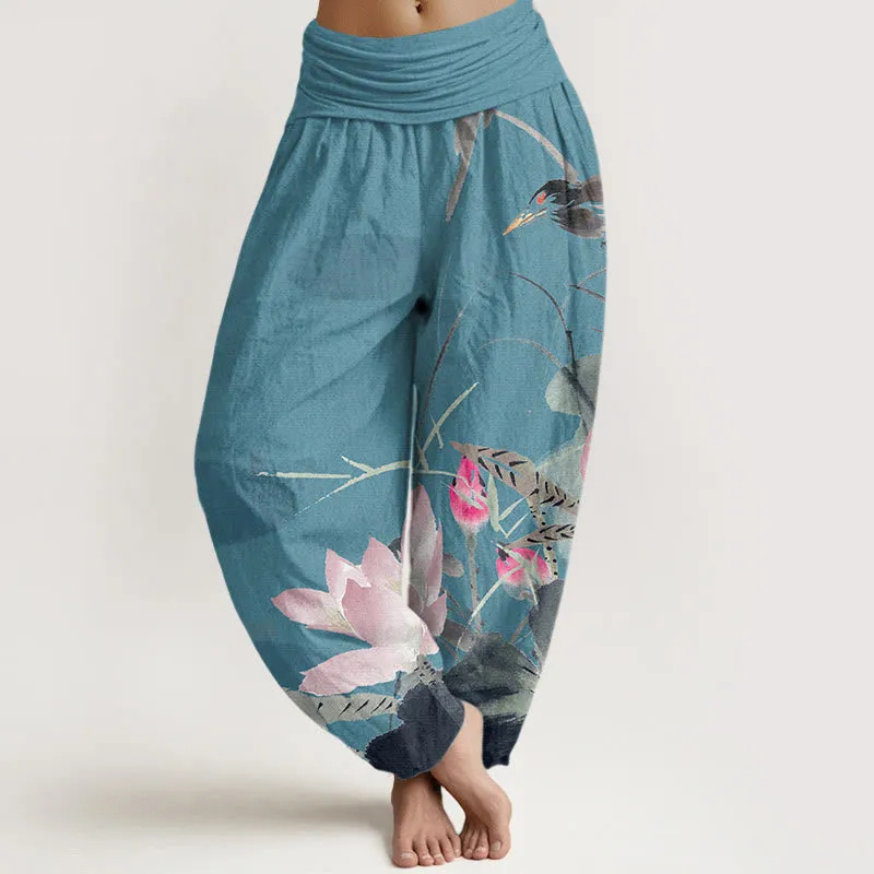AuraLinen Cotton Pink Lotus Leaves Bird Pattern Women's Elastic Waist Harem Pants
