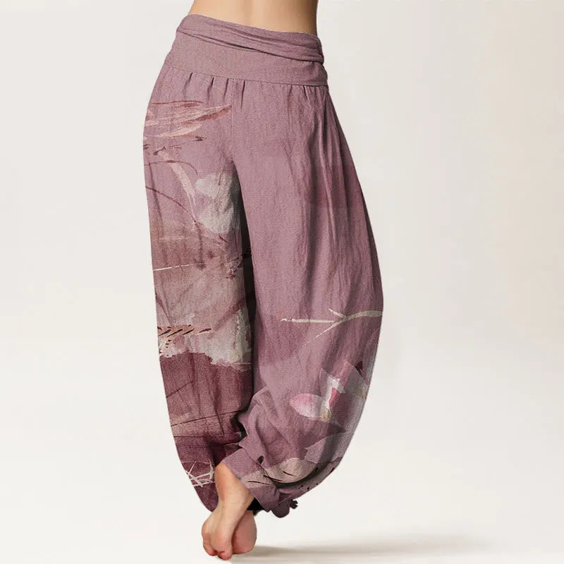 AuraLinen Cotton Pink Lotus Leaves Bird Pattern Women's Elastic Waist Harem Pants