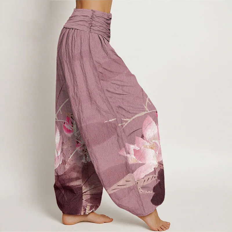 AuraLinen Cotton Pink Lotus Leaves Bird Pattern Women's Elastic Waist Harem Pants