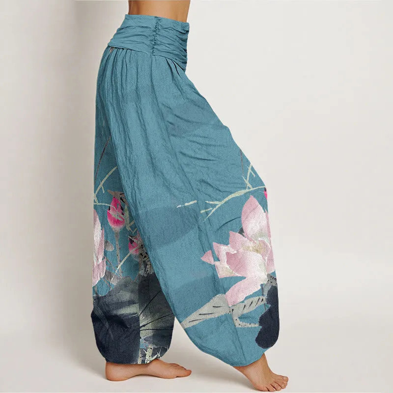 AuraLinen Cotton Pink Lotus Leaves Bird Pattern Women's Elastic Waist Harem Pants