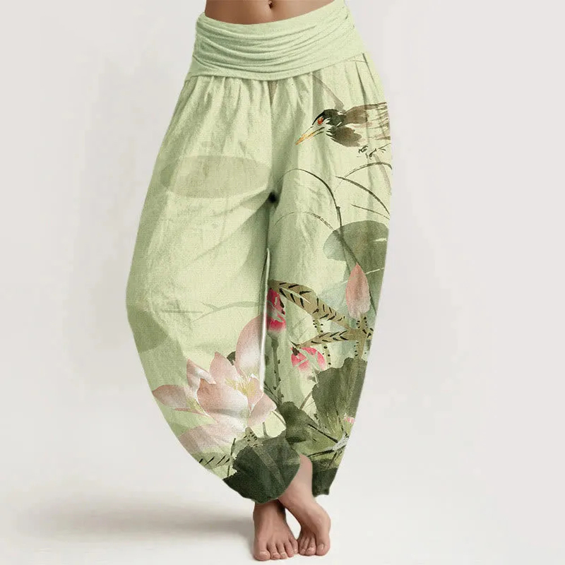 AuraLinen Cotton Pink Lotus Leaves Bird Pattern Women's Elastic Waist Harem Pants