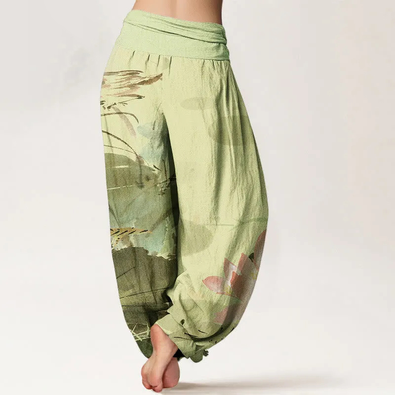 AuraLinen Cotton Pink Lotus Leaves Bird Pattern Women's Elastic Waist Harem Pants