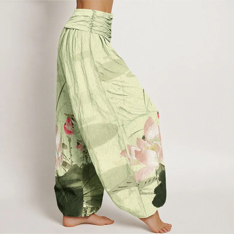 AuraLinen Cotton Pink Lotus Leaves Bird Pattern Women's Elastic Waist Harem Pants