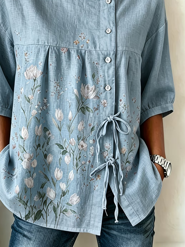 Women's Half Sleeve Shirt Summer Blue Floral Crew Neck Daily Going Out Vintage Top