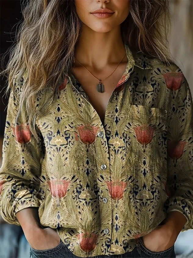 Vintage Shawl Collar Pop Art Print Loose Shirt