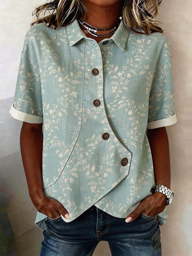 Striped Shawl Collar Short Sleeve Asymmetry Placket Design Button Summer Going Out Casual Shirt