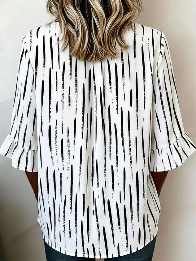 Women's Striped Pattern Half Ruffle Sleeve Blouse Summer V Neck Button Daily Going Out Vintage Top