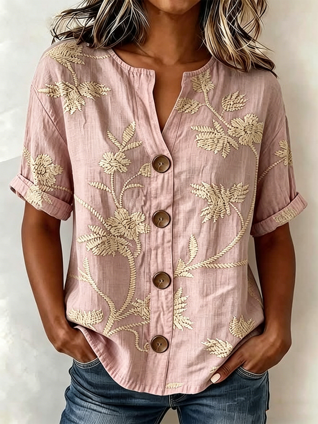Women's Floral Print Linen Blend V-Neck Button Front Rolled Sleeve Blouse