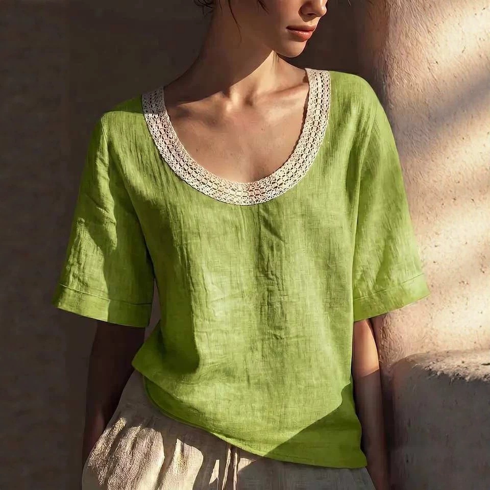 Vintage-style lace short-sleeve top with a U-neckline