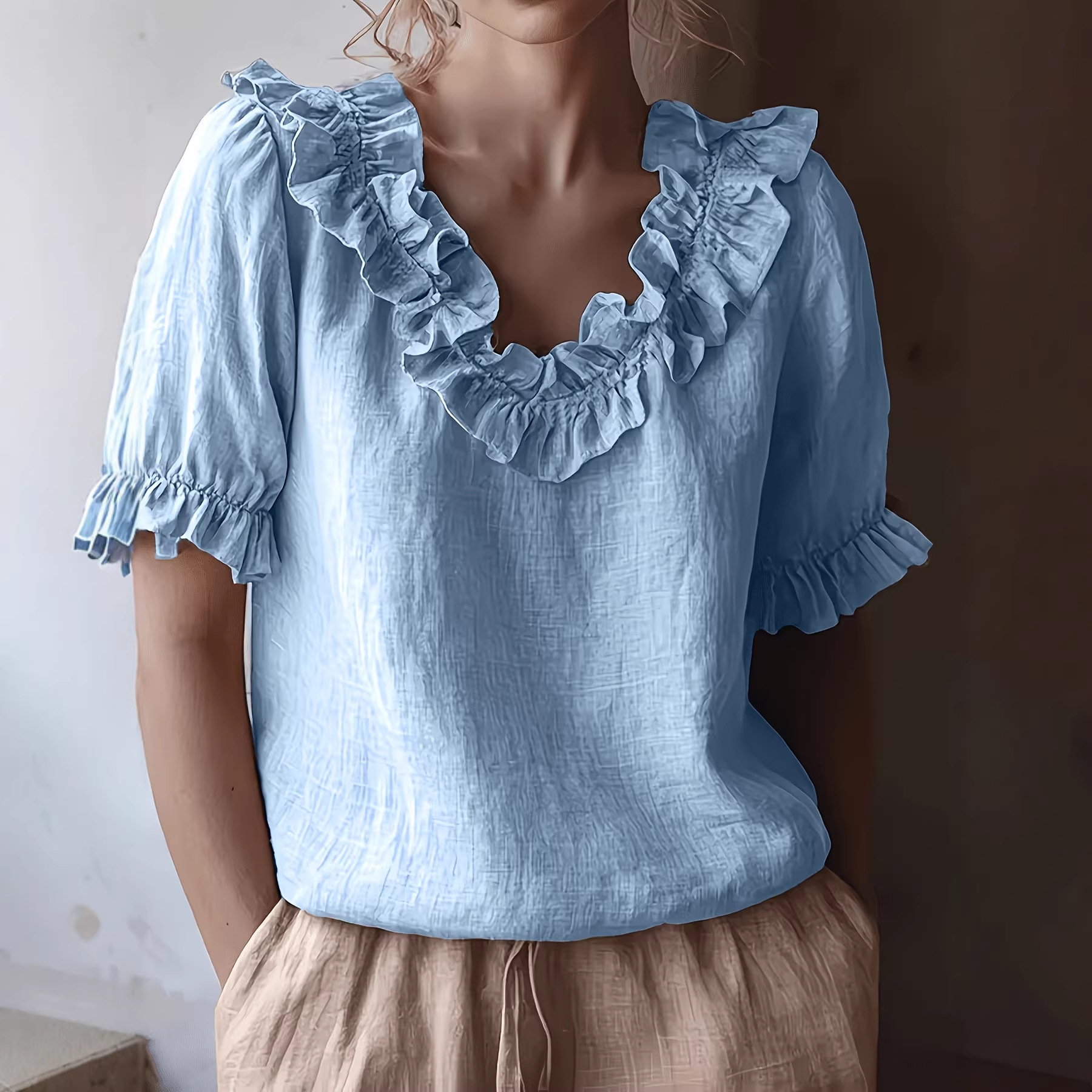 Cotton-linen crew-neck short-sleeve top