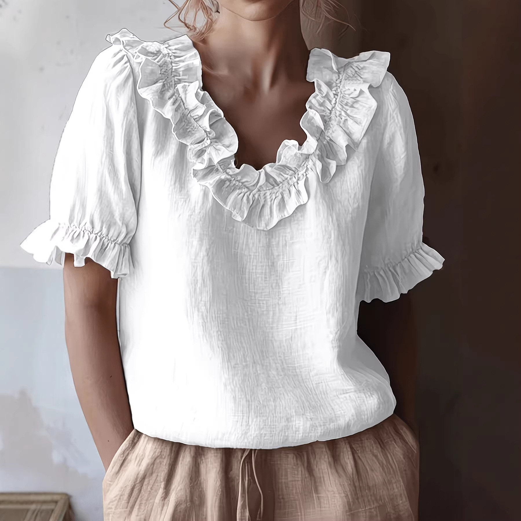 Cotton-linen crew-neck short-sleeve top