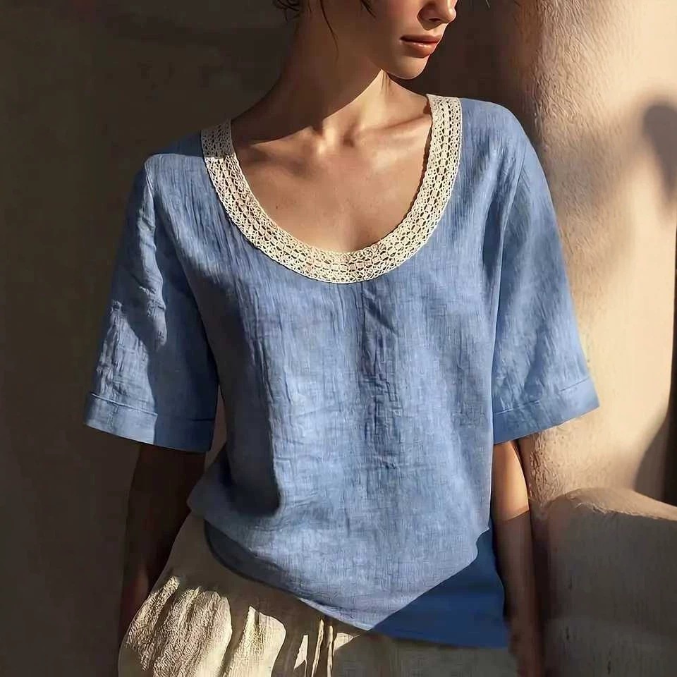 Vintage-style lace short-sleeve top with a U-neckline